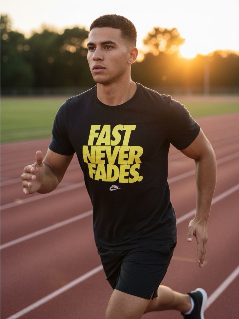 Nike Black Short-Sleeve Tee with Bold Yellow 'FAST NEVER FADES' Graphic Men’s M